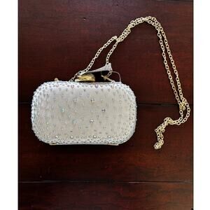 NWT White Satin Beaded Evening Clutch Bag Iridescent Rhinestone Chain Purse